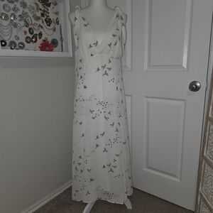 H&M Cream Maxi Dress with Gray Bird Print